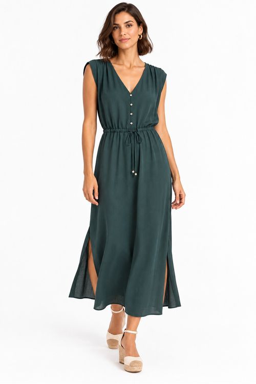 vestido midi drapeado ombro floresta..